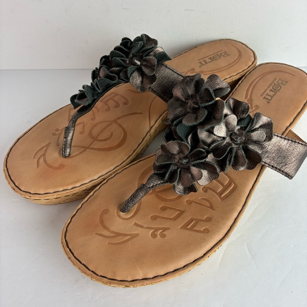 Born Metallic Kimona Leather Flower Cork Wedge Sandals